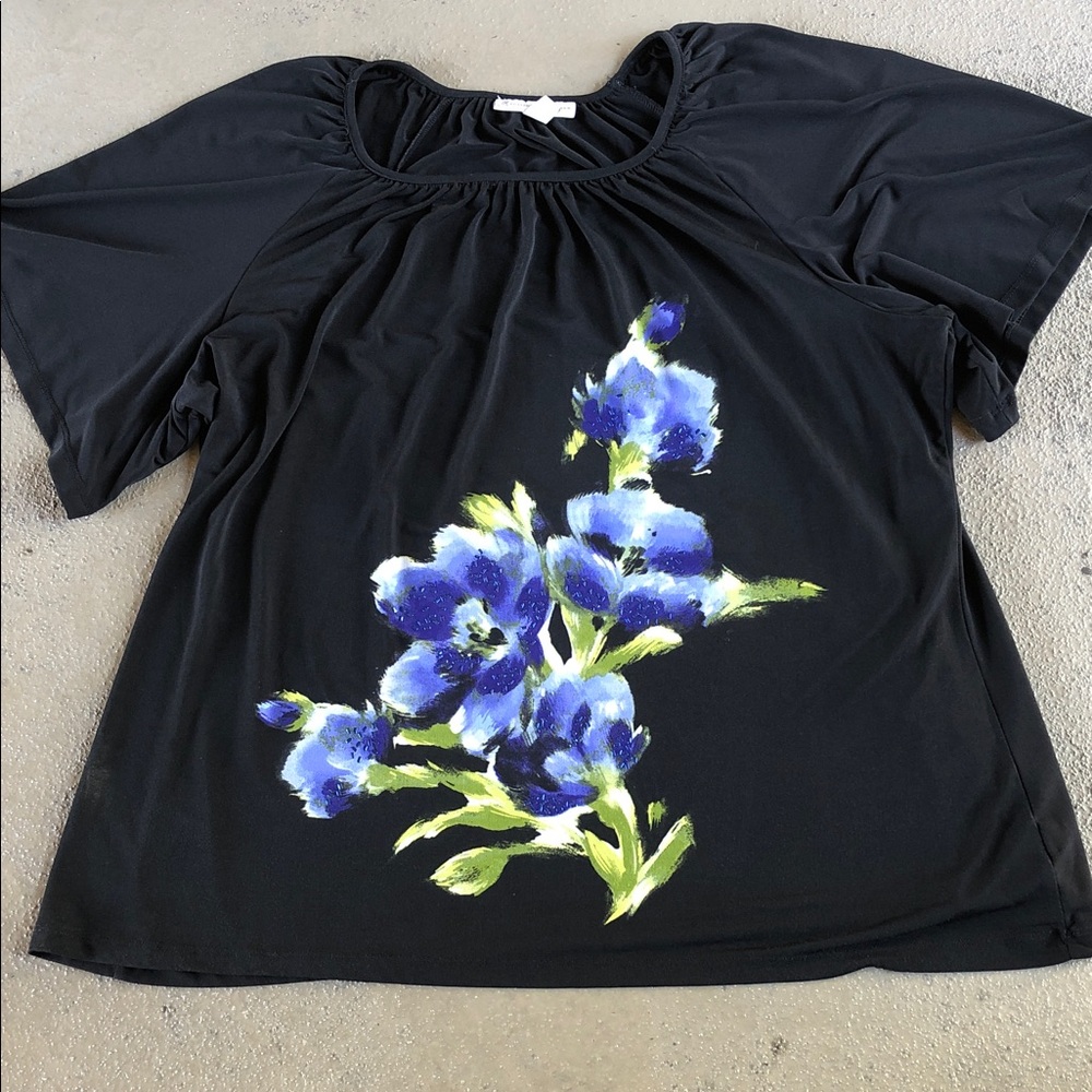 JM Collection Black Short-Sleeve Top with Blue Floral Motif